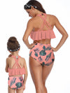 Mommy And Me Matching Bikinis-halterneck tiered ruffle mommy and me matching bikinis-pink-back
