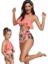 Mommy And Me Matching Bikinis-halterneck tiered ruffle mommy and me matching bikinis-pink-front