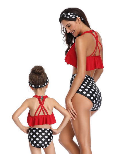 Mommy And Me Matching Bikinis-halterneck tiered ruffle mommy and me matching bikinis-red-back