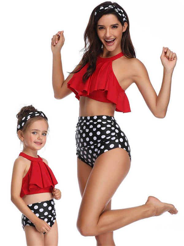 Mommy And Me Matching Bikinis-halterneck tiered ruffle mommy and me matching bikinis-red-front