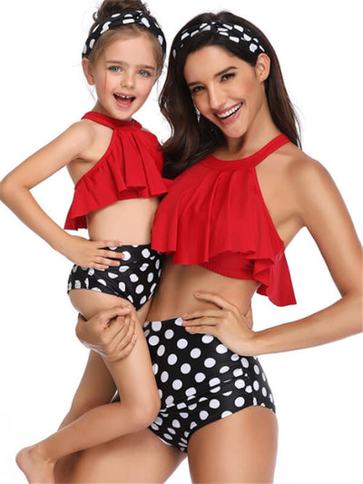 Mommy And Me Matching Bikinis-halterneck tiered ruffle mommy and me matching bikinis-red-front3