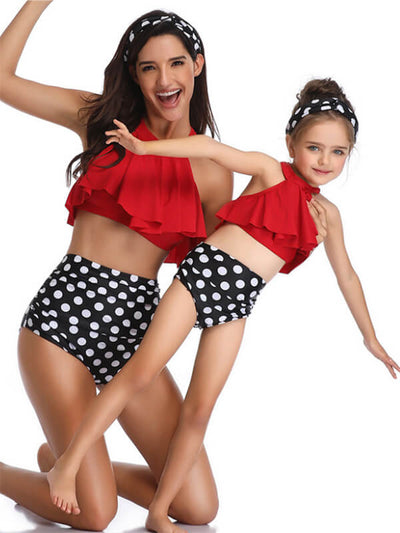 Mommy And Me Matching Bikinis-halterneck tiered ruffle mommy and me matching bikinis-red-front