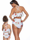 Mommy And Me Matching Bikinis-halterneck tiered ruffle mommy and me matching bikinis-white-back