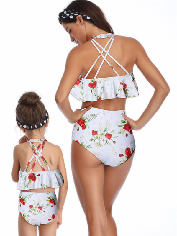 Mommy And Me Matching Bikinis-halterneck tiered ruffle mommy and me matching bikinis-white-front