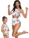 Mommy And Me Matching Bikinis-halterneck tiered ruffle mommy and me matching bikinis-white-front
