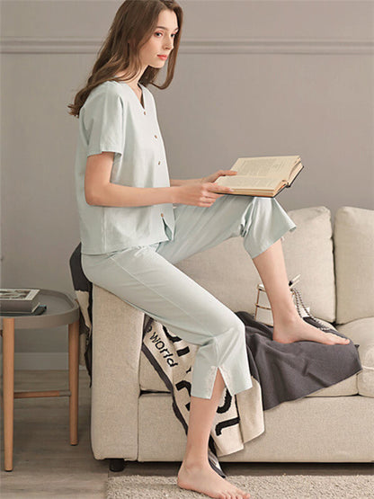 Pajamas-leisure plain oversized pajamas-light blue-sit2