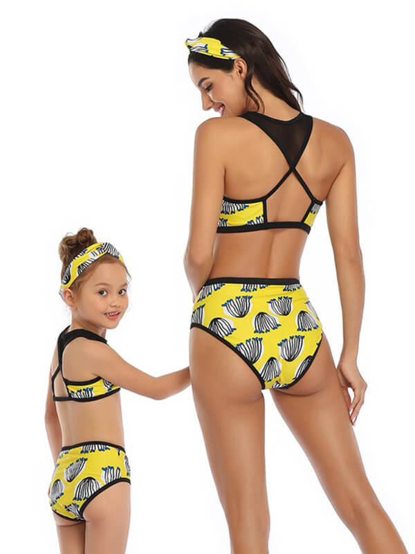 Mommy And Me Matching Bikinis-mesh vest mom and me bikinis-yellow-front
