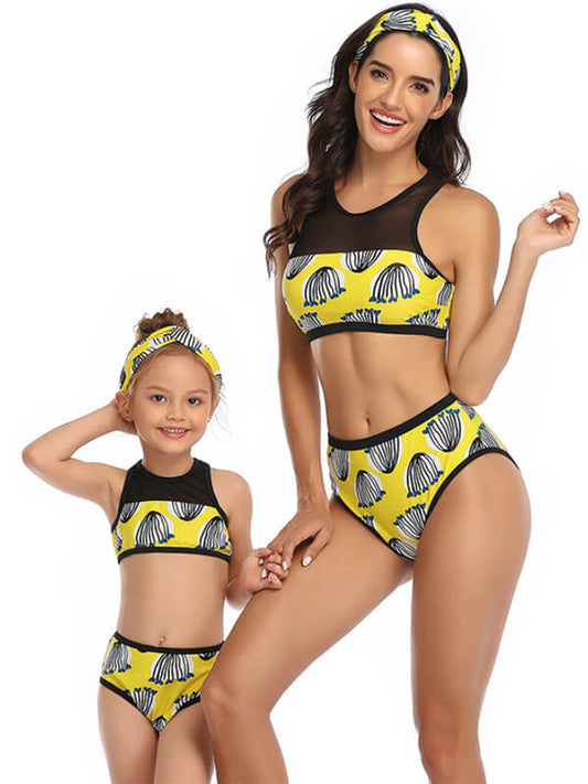 Mommy And Me Matching Bikinis-mesh vest mom and me bikinis-yellow-front