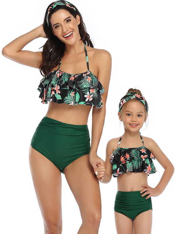 MommyAndMeMatchingBikini-FloralPrintCamisoleHighWaistBikini-Green-Front1