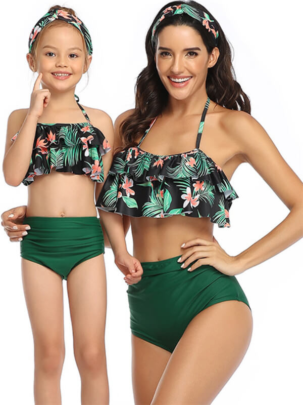 MommyAndMeMatchingBikini-FloralPrintCamisoleHighWaistBikini-Green-Front2