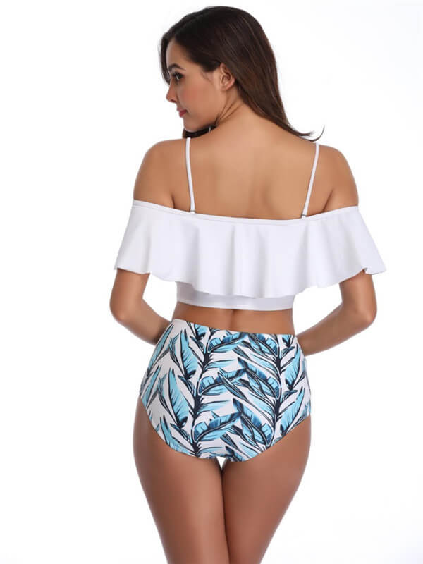 Tankini-off shoulder ruffle tankini-white-back