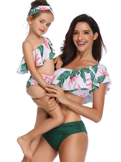 Mommy And Me Matching Bikinis-one shoulder floral ruffle mom and me bikinis-front3