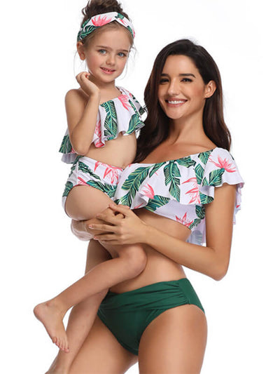 Mommy And Me Matching Bikinis-one shoulder floral ruffle mom and me bikinis-front