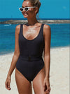 One piece swimsuit-plain belted one piece swimsuit-black-front