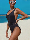 One piece swimsuit-plain belted one piece swimsuit-black-side