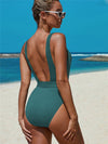 One piece swimsuit-plain belted one piece swimsuit-green-back