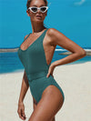One piece swimsuit-plain belted one piece swimsuit-green-side