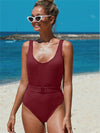 One piece swimsuit-plain belted one piece swimsuit-red-front