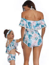 Mommy And Me Matching Bikinis-pom pom hem off shoulder mommy and me bikinis-blue-back1