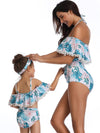 Mommy And Me Matching Bikinis-pom pom hem off shoulder mommy and me bikinis-blue-fack