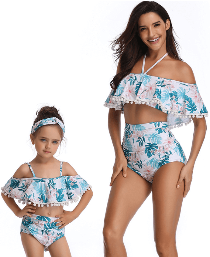 Mommy And Me Matching Bikinis-pom pom hem off shoulder mommy and me bikinis-blue-front1