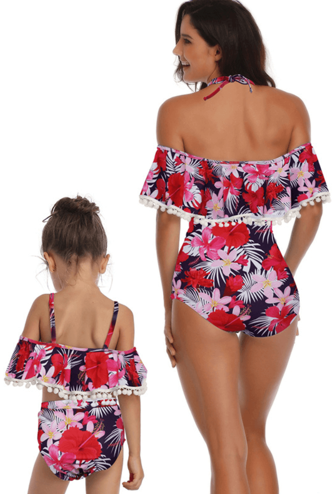 Mommy And Me Matching Bikinis-pom pom hem off shoulder mommy and me bikinis-purple-back