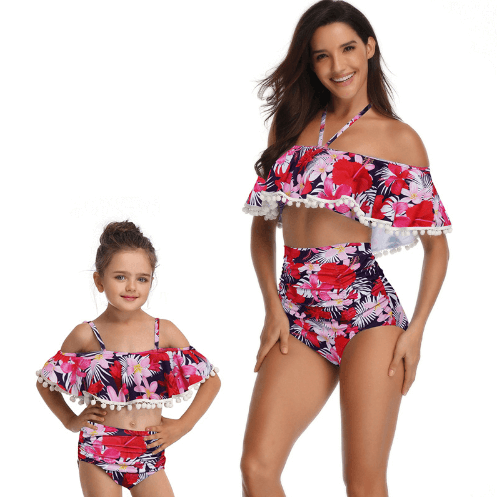 Mommy And Me Matching Bikinis-pom pom hem off shoulder mommy and me bikinis-purple-front