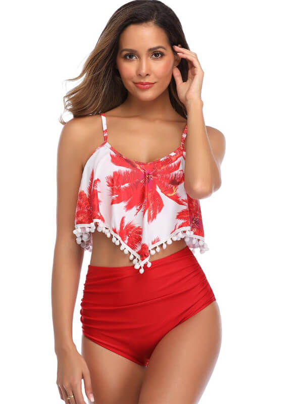 Tankini-pom pom high waist tankini-red-front1