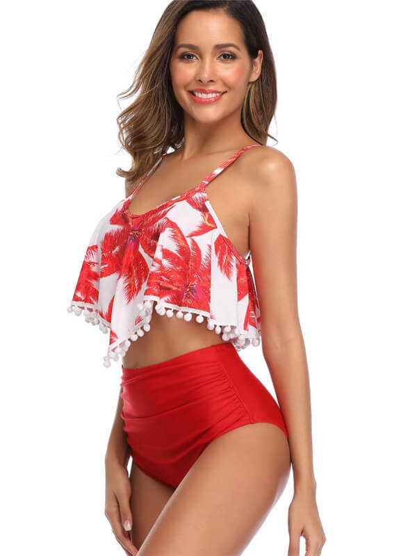 Tankini-pom pom high waist tankini-red-front2