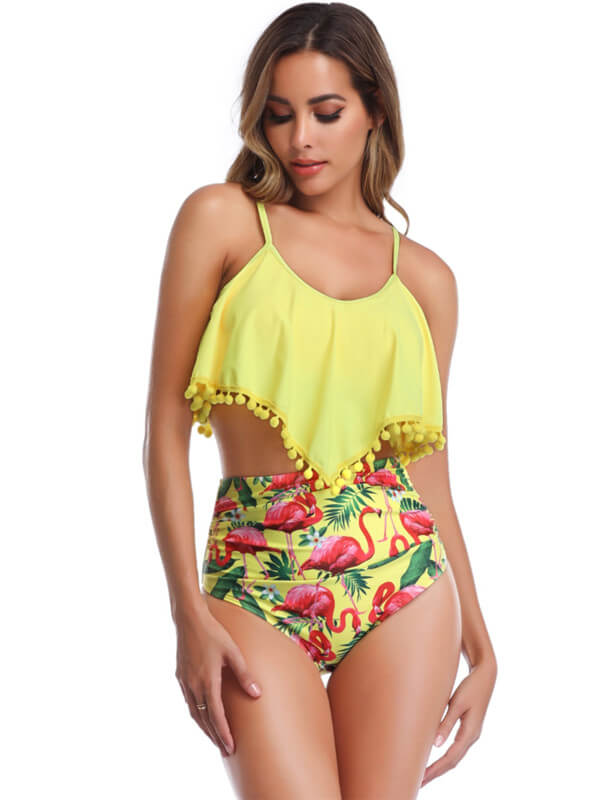 Tankini-pom pom spaghetti strap tankini-yellow-front