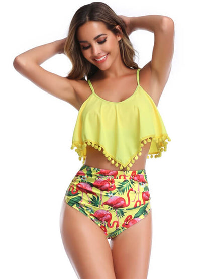 Tankini-pom pom spaghetti strap tankini-yellow-front1