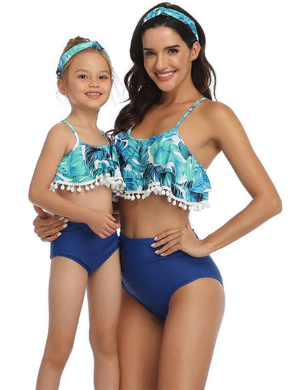 Mommy And Me Matching Bikinis-pom pom tiered ruffle mom and me bikinis-blue-front