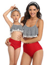 Mommy And Me Matching Bikinis-pom pom tiered ruffle mom and me bikinis-red-front1