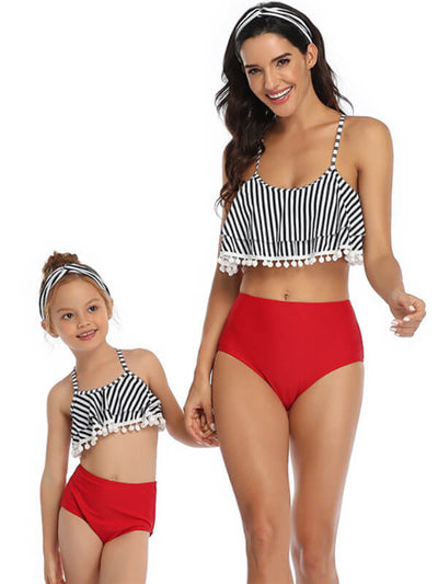 Mommy And Me Matching Bikinis-pom pom tiered ruffle mom and me bikinis-red-front