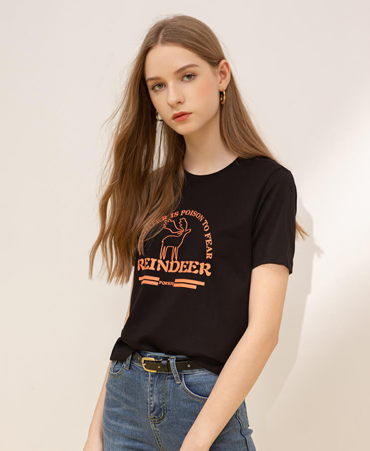 Cotton t shirt-print reindeer cotton t shirt-black-front2