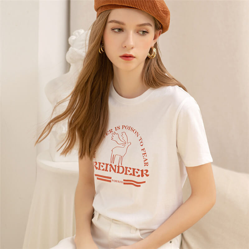 Cotton t shirt-print reindeer cotton t shirt-white-front2