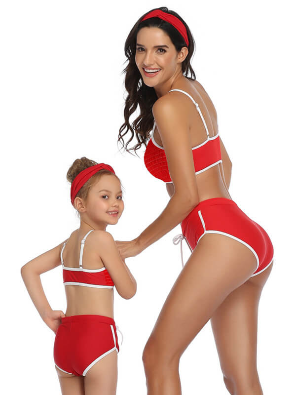Mommy And Me Matching Bikinis-red sporty mom and daughter bikinis-front