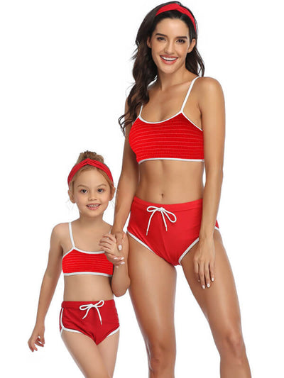 Mommy And Me Matching Bikinis-red sporty mom and daughter bikinis-front1