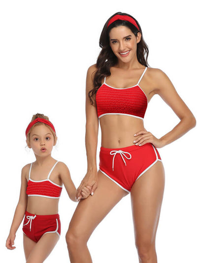 Mommy And Me Matching Bikinis-red sporty mom and daughter bikinis-front
