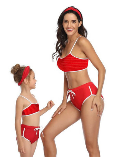 Mommy And Me Matching Bikinis-red sporty mom and daughter bikinis-side