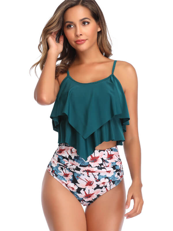 Tankini-ruffle hem high waist tankini-army green-front