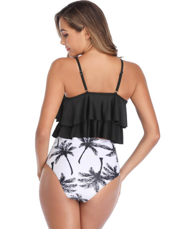 Tankini-ruffle hem high waist tankini-black-back