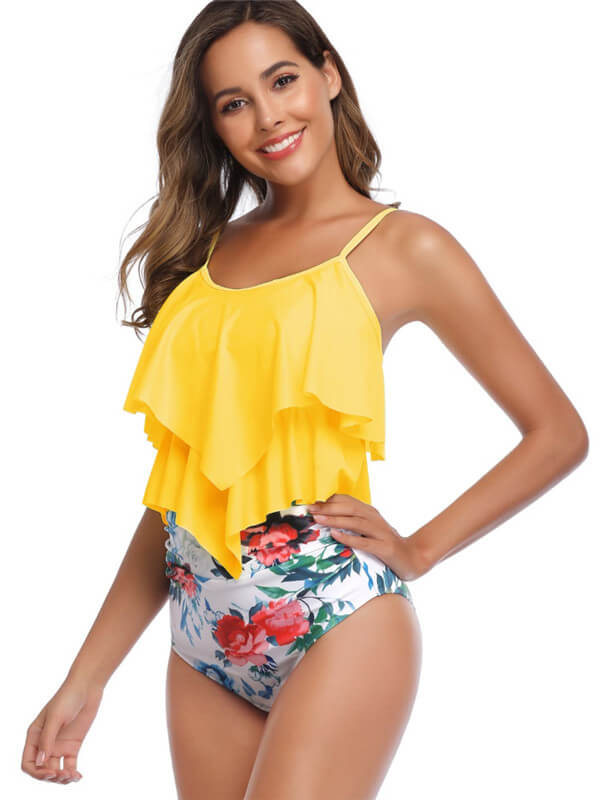 Tankini-ruffle hem high waist tankini-yellow-side