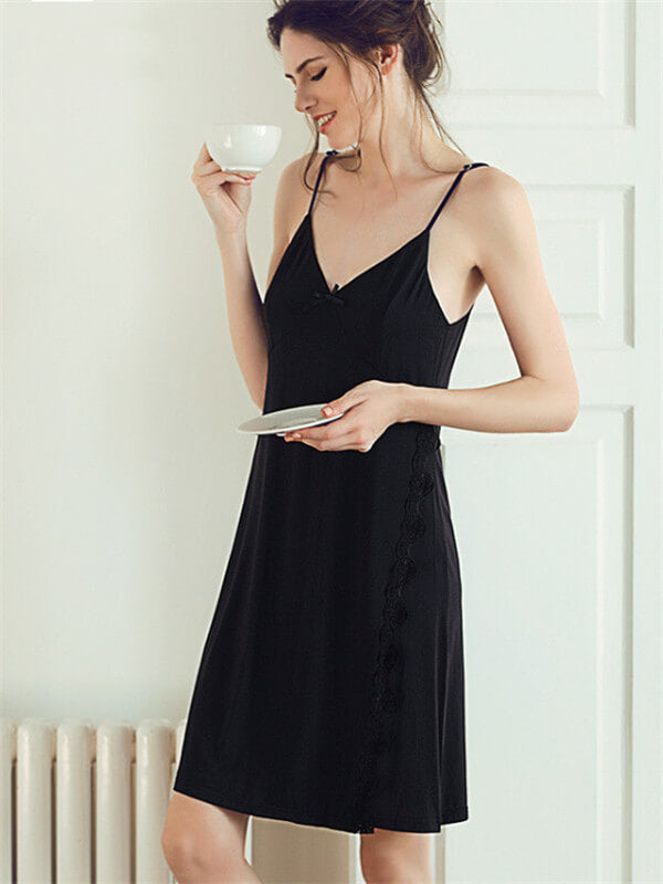 Sleepwear-Sexy backless split sleep dress-black-stand