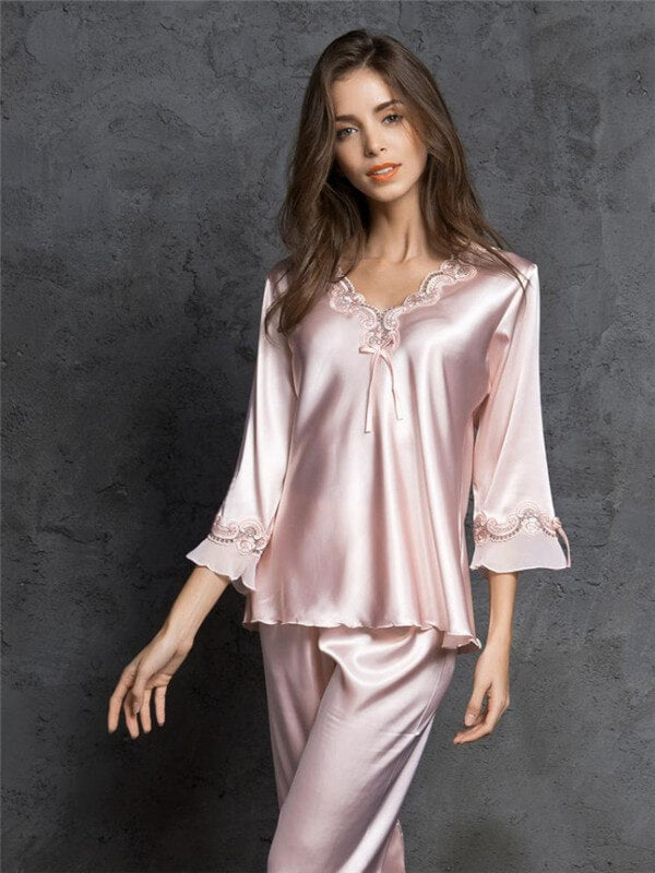 Pajamas-Sexy Silk Imitation Pajamas-Pink-Side