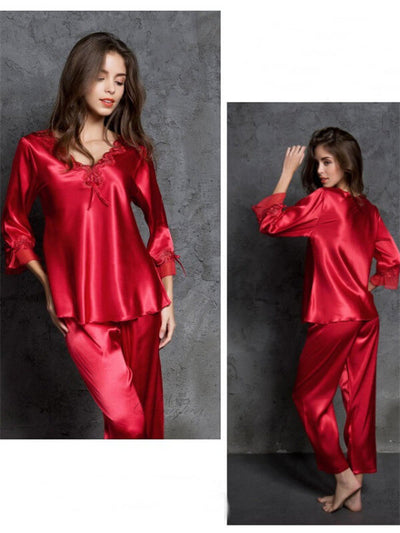 Pajamas-Sexy Silk Imitation Pajamas-Red-Front&Back