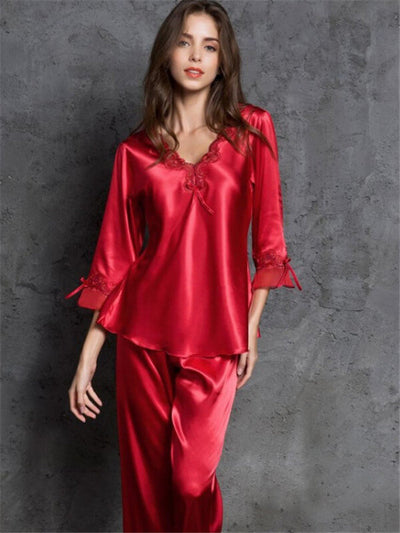 Pajamas-Sexy Silk Imitation Pajamas-Red-Stand