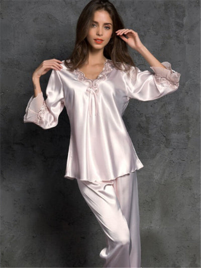 Pajamas-Sexy Silk Imitation Pajamas-Silver-Front2