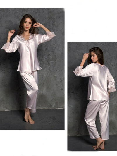 Pajamas-Sexy Silk Imitation Pajamas-Silver-Front&BackPajamas-Sexy Silk Imitation Pajamas-Silver-Front&Back