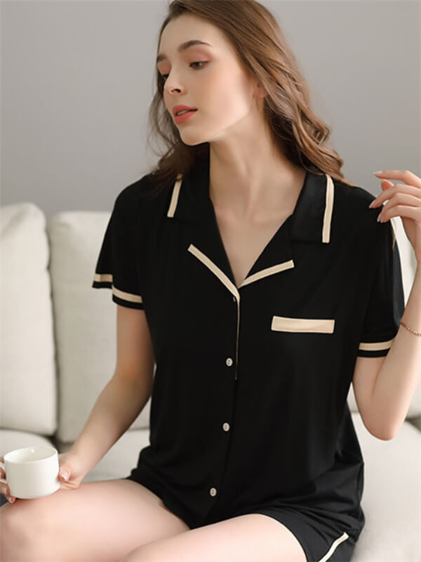 Pajamas-short sleeve shirt & shorts pajamas set-black-front1